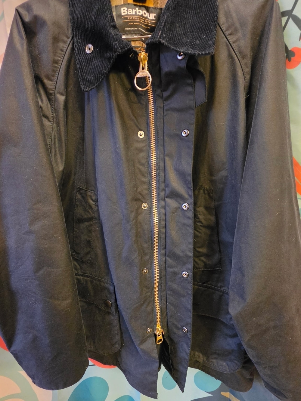 Barbour Men's Dark Navy Waxed Field Jacket with Black Corduroy Collar - Picture 2 of 4
